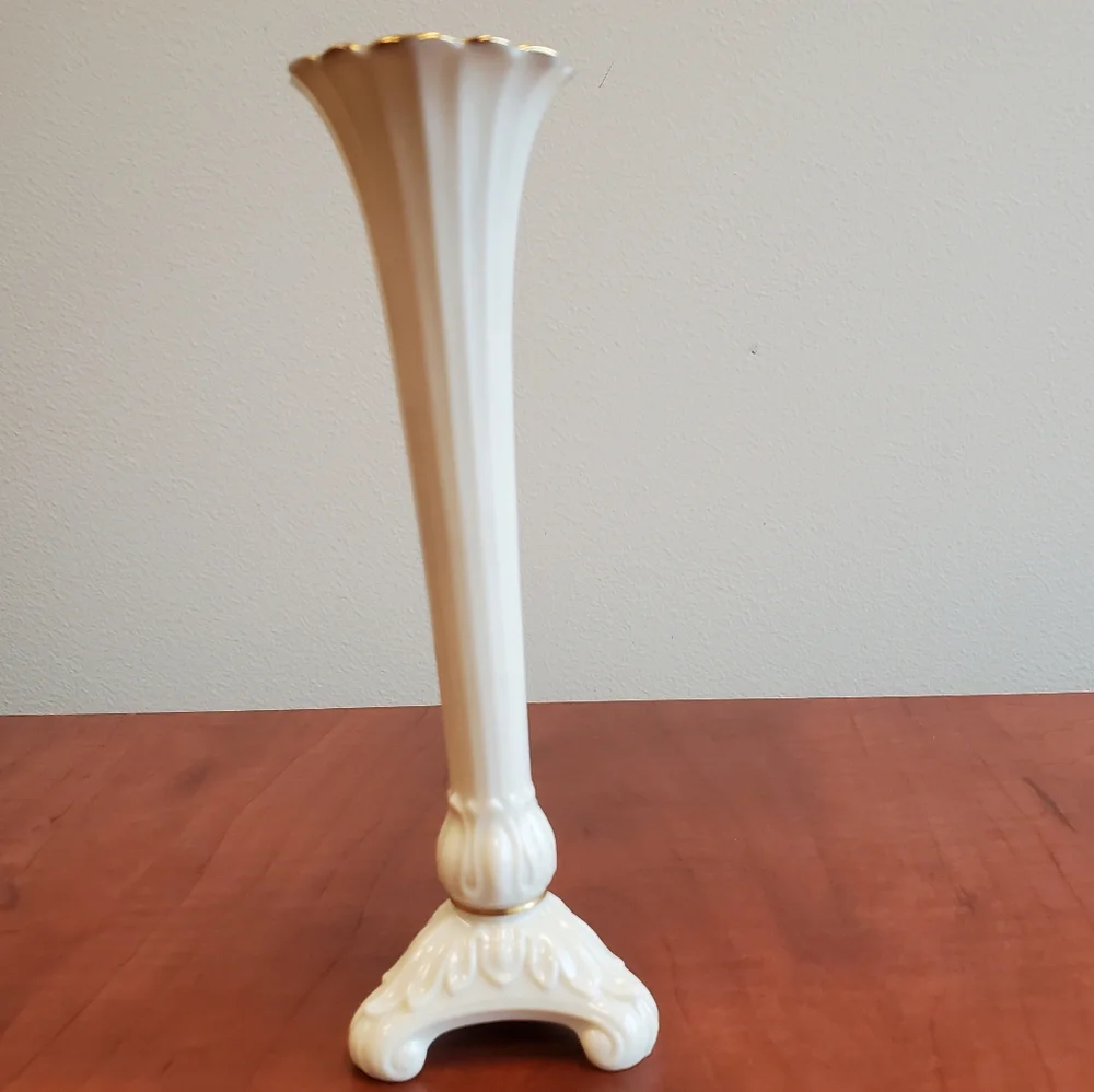 Lenox Bud Vase Ivory Color with Gold Trim & Tripod‎ Foot Made In U.S.A.